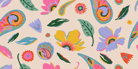 Modern hand drawn paisley with floral pattern. Abstract retro ethnic style. Fashionable vector template for your design. Textile printing, background, wallpaper, home decor. Vector illustration.