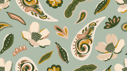 Modern hand drawn paisley with floral pattern. Abstract retro ethnic style. Fashionable vector template for your design. Textile printing, background, wallpaper, home decor. Vector illustration.