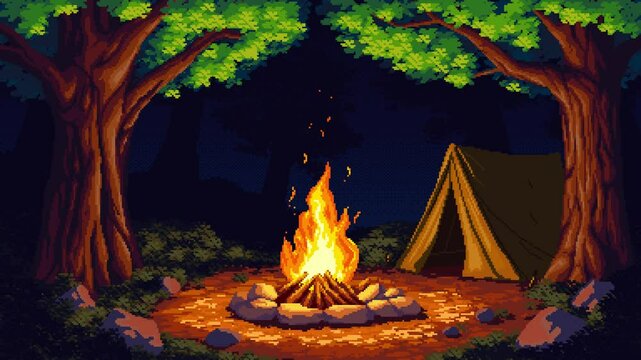 Animated pixel art of a night campsite with a glowing campfire and subtle light flickering on surroundings. Seamless loop with atmospheric mood. Ideal for game backgrounds or interfaces.