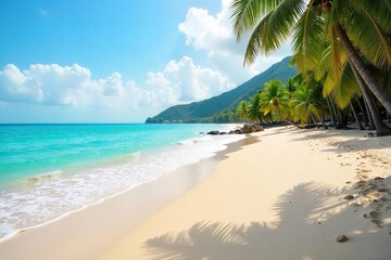 Obraz premium Relaxing scene of a sandy beach with gentle waves lapping the shore, perfect for a summer vacation or a peaceful getaway Ideal for travel, holiday, and relaxation themes , tropical, sun