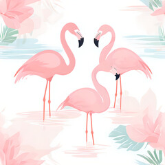 Fototapeta premium Two pink flamingos form a romantic silhouette in the wild, tropical water