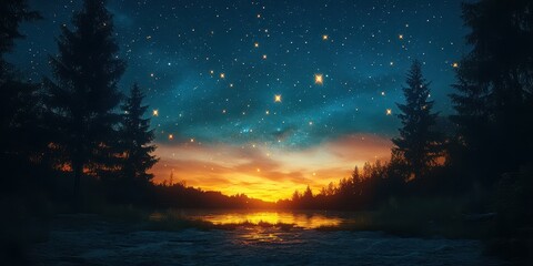 Fototapeta premium Sunset over a serene river with stars glowing in the night sky near tranquil forest in autumn