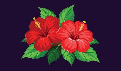 Two vibrant red hibiscus flowers with lush green leaves © Md