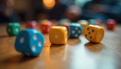 Close-up of several colorful dice rolling across a wooden table, capturing the motion blur and randomness of the game , cube, board game, classic