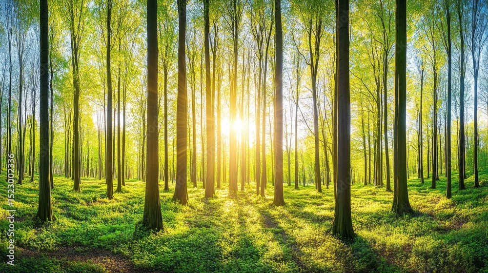 Poster a beautiful forest scene with tall trees and dappled sunlight filtering through the leaves, highligh