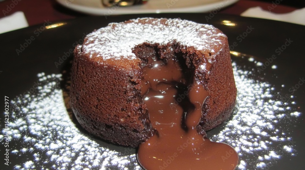 Poster a close-up of a chocolate lava cake with molten chocolate oozing from the center, served on a dark p