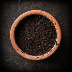 Top down view of a terracotta pot filled with rich soil and hints of new growth symbolizing the start of a new life or planting a new plant