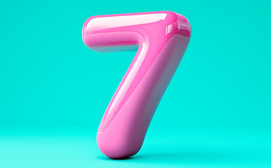Shiny pink number seven stands boldly against a turquoise background.