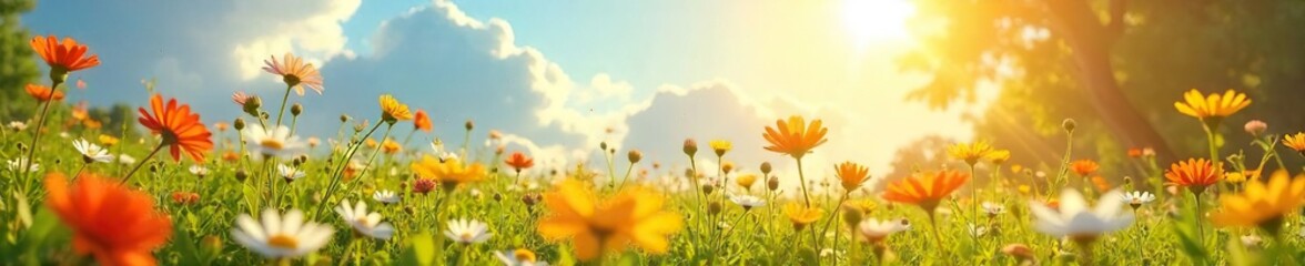 A vibrant sunlit meadow bursting with wildflowers, signifying boundless energy and carefree joy The scene evokes a feeling of liberation and effortless happiness , freedom, lush