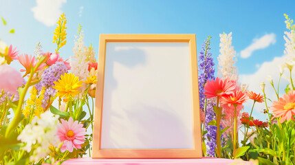 Blank wooden frame standing among bright spring flowers under a blue sky.