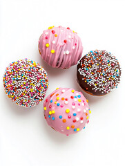 Overhead view of four vibrant round donuts each covered in colorful sprinkles and frosting atop a white surface