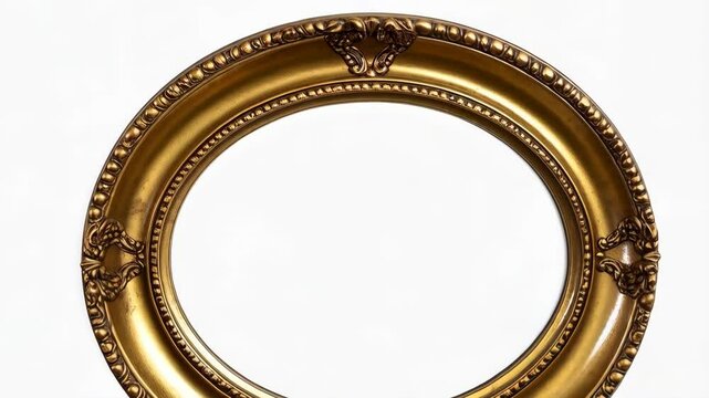 Ornate vintage gold oval frame, antique gilded border with empty central space against a stark white background for text or picture.