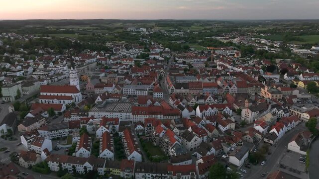 Bavarian Drone City fly over across Pfaffenhofen Ilm to see a typical and traditional city center