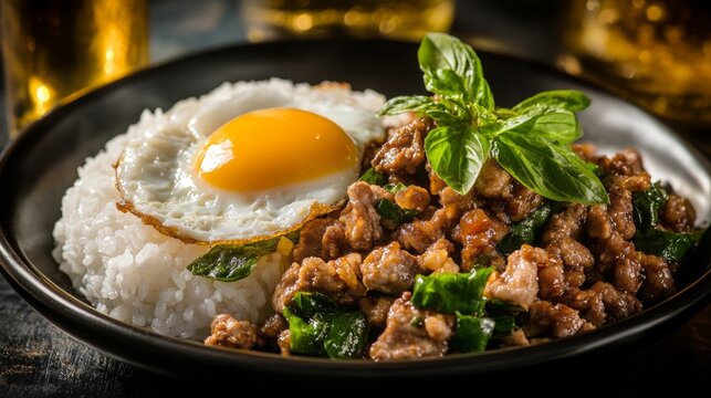 A close-up of a plate of Pad Krapow Moo, featuring stir-fried minced pork with Thai basil, served with a fried egg on top and a side of rice for a hearty meal.