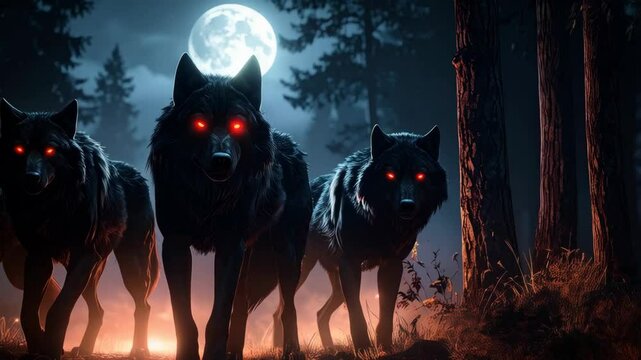 Menacing pack of black wolves with glowing red eyes prowling through a dark forest under the moonlight, creating a mysterious and eerie atmosphere