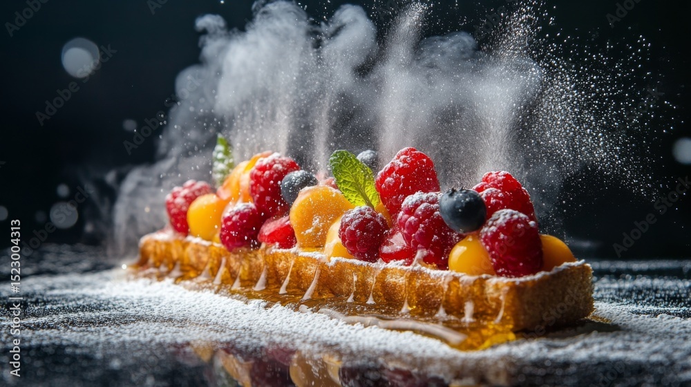 Poster A close-up of honey toast topped with a colorful assortment of berries and a dusting of powdered sugar, creating a vibrant and inviting dessert.