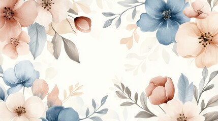 Watercolor art background vector. Wallpaper design with winter flower paint brush line art. Earth tone blue, pink, ivory, beige watercolor Illustration for prints, wall art, cover and invitation. ill