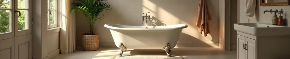 Relaxing, spa-like bathroom with a clawfoot tub as the centerpiece Soft lighting, plush towels, and natural elements create a serene atmosphere perfect for unwinding , tranquil, antique