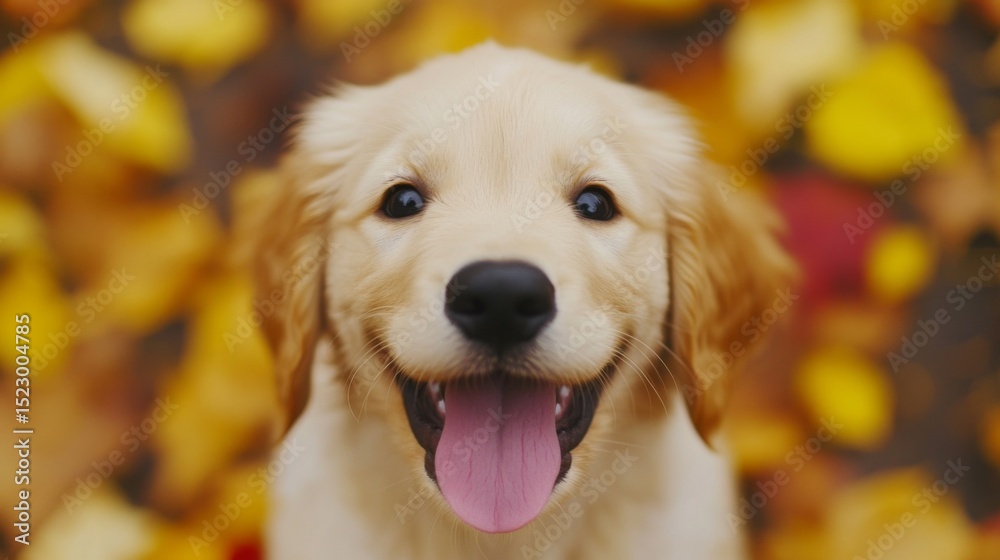 Poster a close-up shot of a golden retriever puppy with its tongue out, surrounded by colorful autumn leave