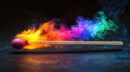 Burning matchstick with vibrant rainbow smoke