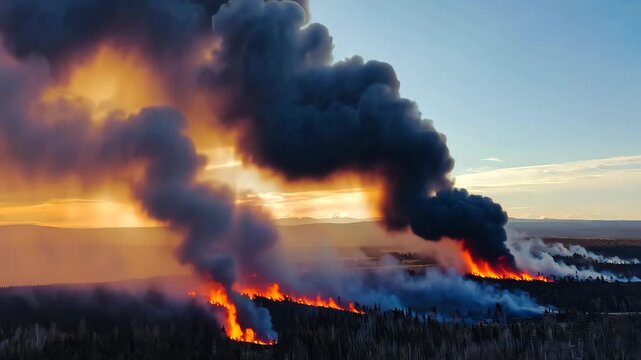 Raging wildfire scorches the landscape.Flames devour trees, generating billows of smoke under dramatic sky, illustrating nature's power and environmental devastation.