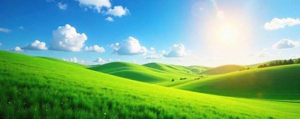 Obraz premium A serene, sun-drenched landscape featuring rolling hills, a vibrant blue sky, and lush green fields Perfect for social media posts requiring a calming, natural background , environment, bright