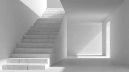 Obraz premium A minimalist white staircase leading upwards in a bright interior space with natural light shining in