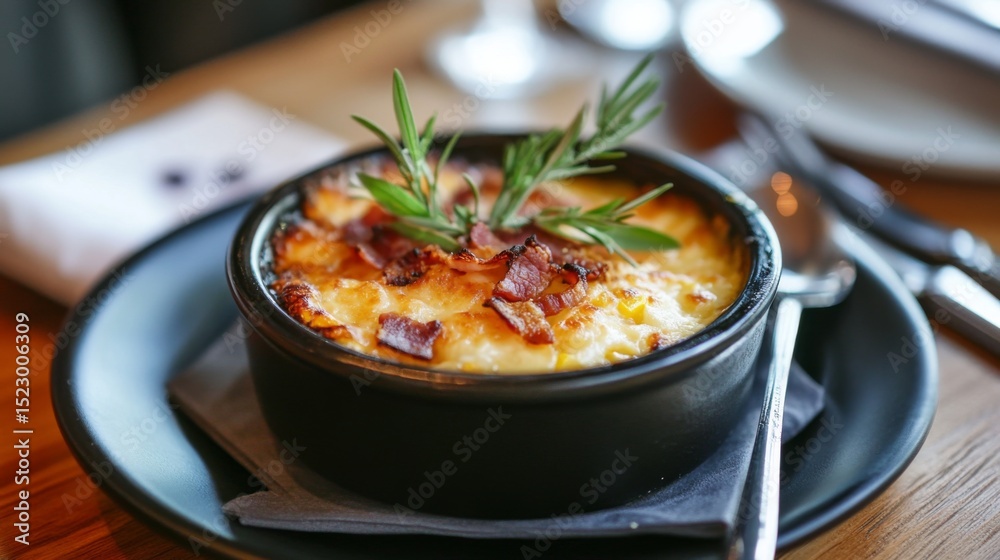 Poster a cozy arrangement of hot cheese corn served with a side of crispy bacon bits and fresh herbs, empha