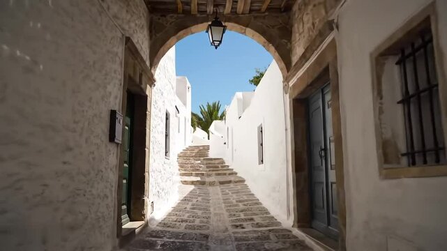 Scenic Mediterranean Alleyway with Whitewashed Walls and Cobblestone Path in Sunlight
