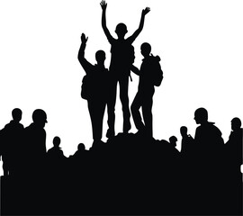 Silhouette of hikers celebrating reaching the summit with others watching below