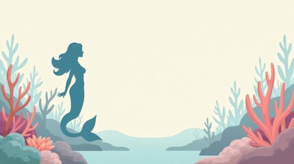 Fototapeta premium Serene Mermaid Silhouette in an Aquatic Paradise, Surrounded by Vibrant Coral Reefs and Tranquil Waters
