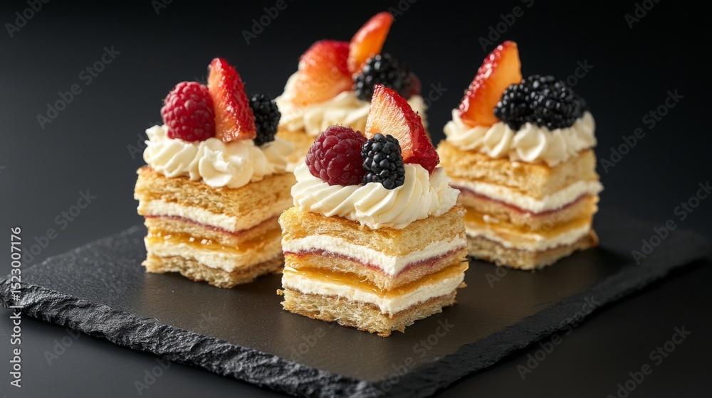Poster a creative shot of honey toast with layers of cream cheese and fresh fruit, beautifully arranged on 