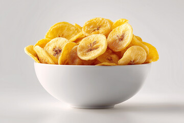 Banana Chips in Bowl: A close-up shot of a bowl filled with crispy, golden banana chips, showcasing their texture and inviting aroma.