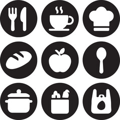 A diverse set of food, drink, and kitchen icons, including cooking utensils, chef symbols, and restaurant dish designs