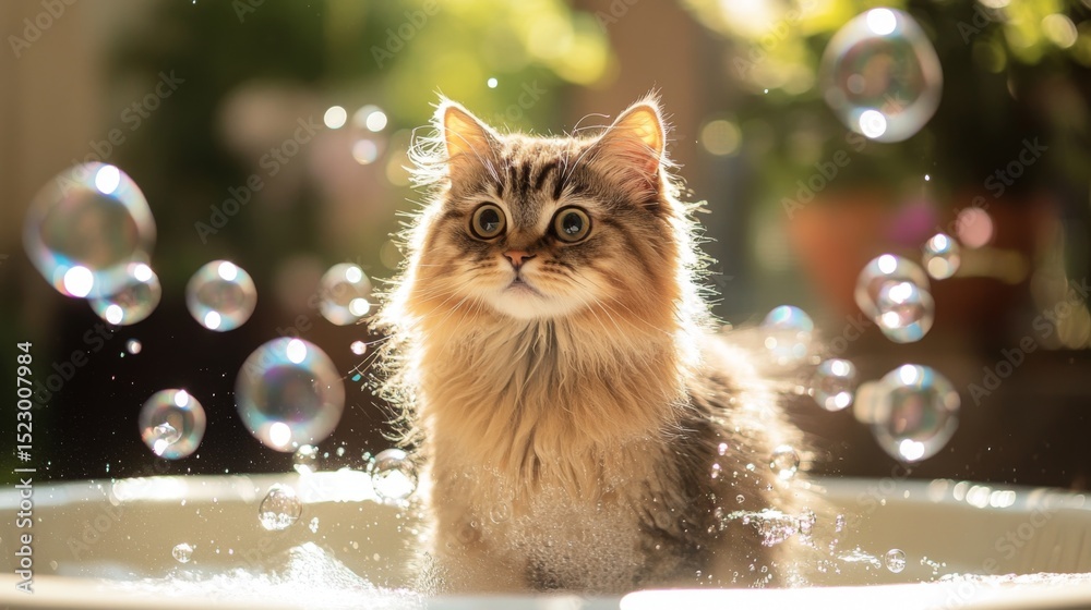 Poster a fluffy cat standing in a shallow tub, surrounded by bubbles, with a look of surprise as it shakes 