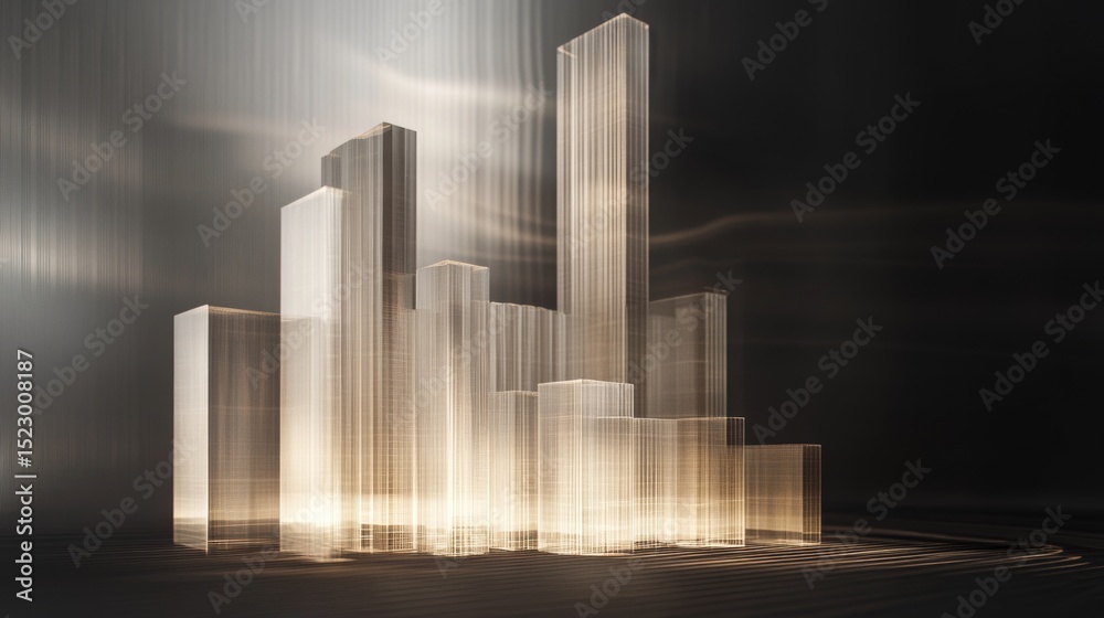 Poster A futuristic D financial bar graph with transparent bars and glowing edges, set against a tech-inspired backdrop, representing modern data visualization.