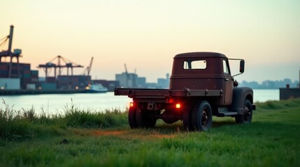 Rustic vintage truck parked near a tranquil waterfront, overlooking a bustling industrial port at sunset