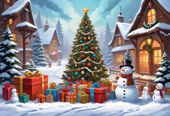 Festive christmas village scene featuring snowmen, presents, and an illuminated decorated tree