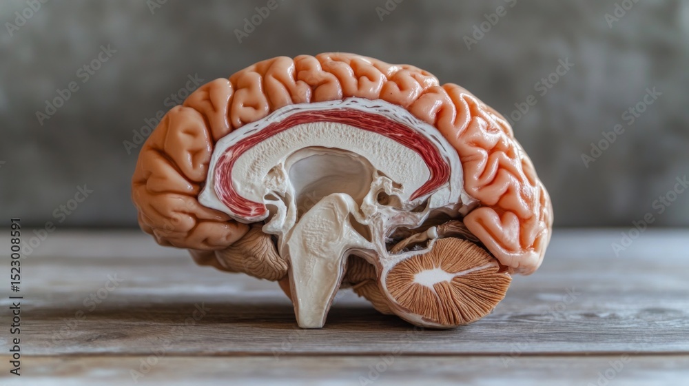 Poster a high-resolution image of a human brain dissected to reveal its internal structures, including the 