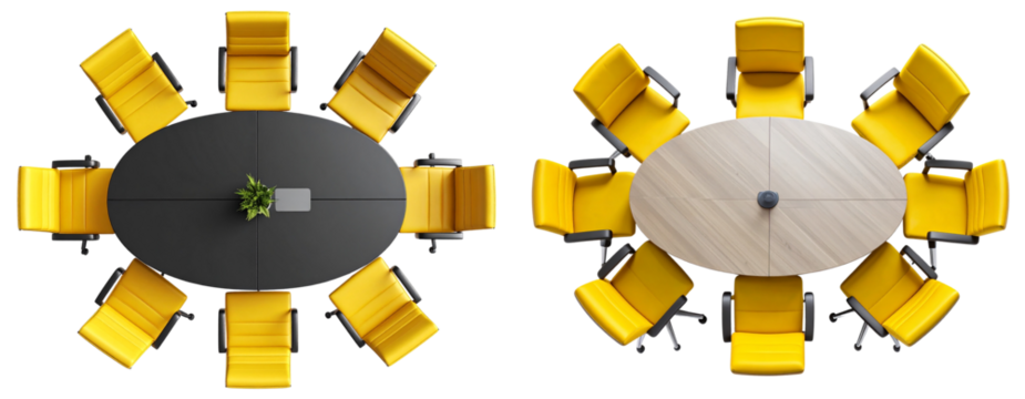  Top view of corporate meeting table with yellow office chairs, isolated on transparent background