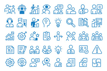 Growth, business strategy, and coaching icons featuring analysis, teamwork, and progress in blue outline   icon set