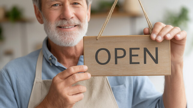  Senior Man Proudly Displays Open Business Sign