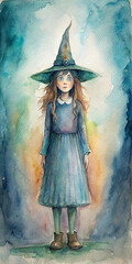 Obraz premium A watercolor painting depicts a young girl in a pointed witch hat and blue dress standing alone against a dreamy, colorful background, viewed from the front at eye level, captured with a standard foca