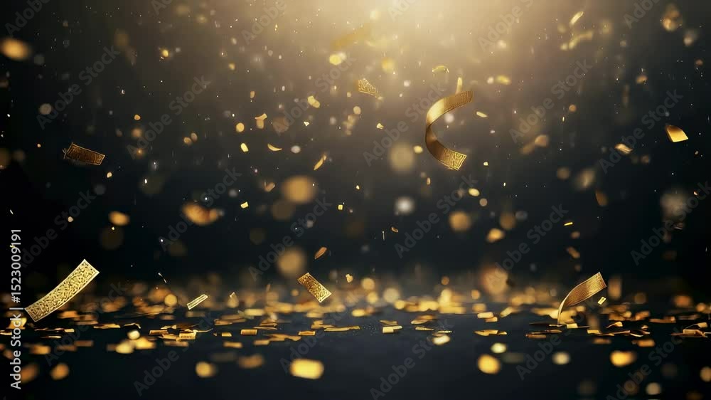 Poster gold confetti falling in a loop on a black background with glittering festive particles