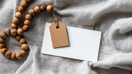 Neutral tag on fabric with wooden beads.