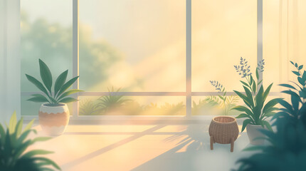 Sunny indoor garden with plants, tranquil atmosphere, soft lighting, natural decor, copy space
