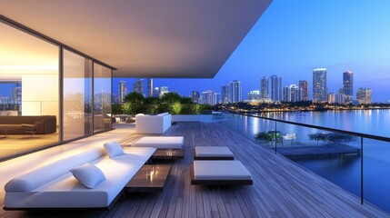 A modern balcony with sleek furniture and panoramic views of a sparkling cityscape at night, highlighting the beauty of urban living.