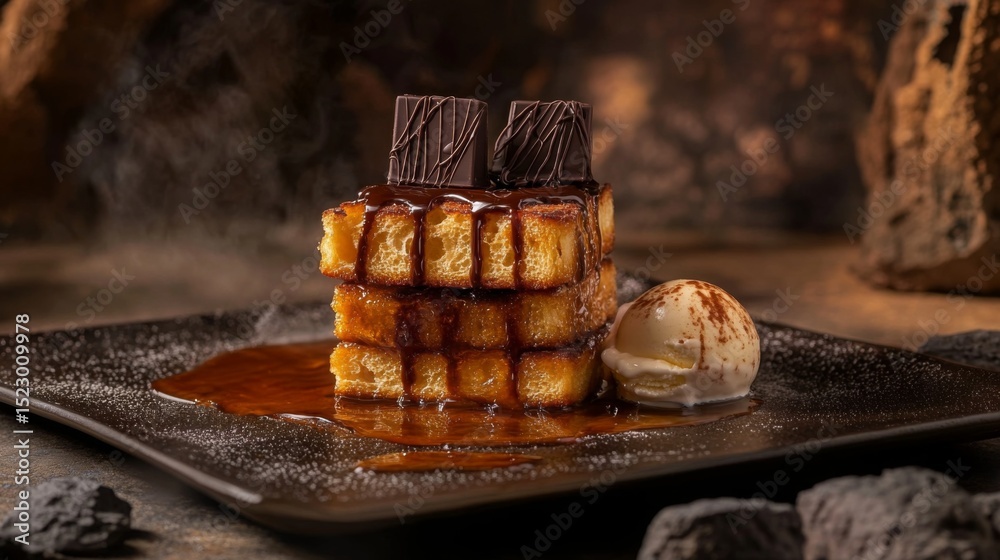 Poster a mouthwatering display of honey toast with rich chocolate drizzle, served with a side of ice cream,