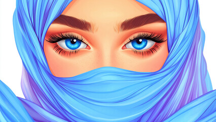 Woman wearing a blue hijab showcasing captivating blue eyes