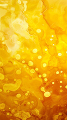 Golden yellow fluid art acrylic painting creating abstract shapes and cells